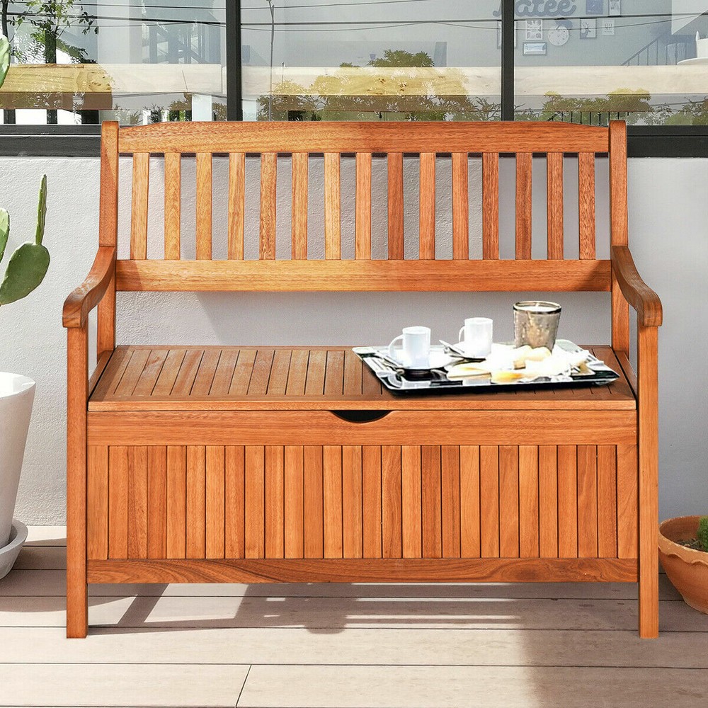 42" Storage Bench Deck Box Solid Wood Seating Container Tools Toys W/Backrest
