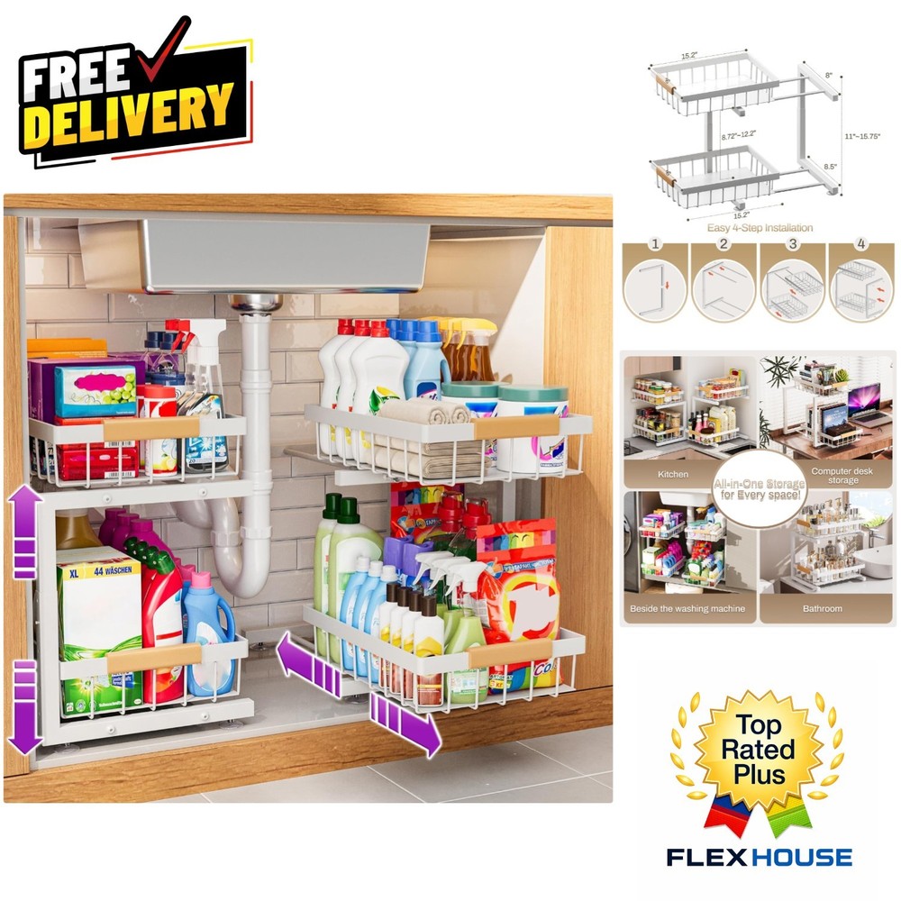 Space-Saving Under Sink Organizer with Adjustable Drawers for Kitchen & Bathroom