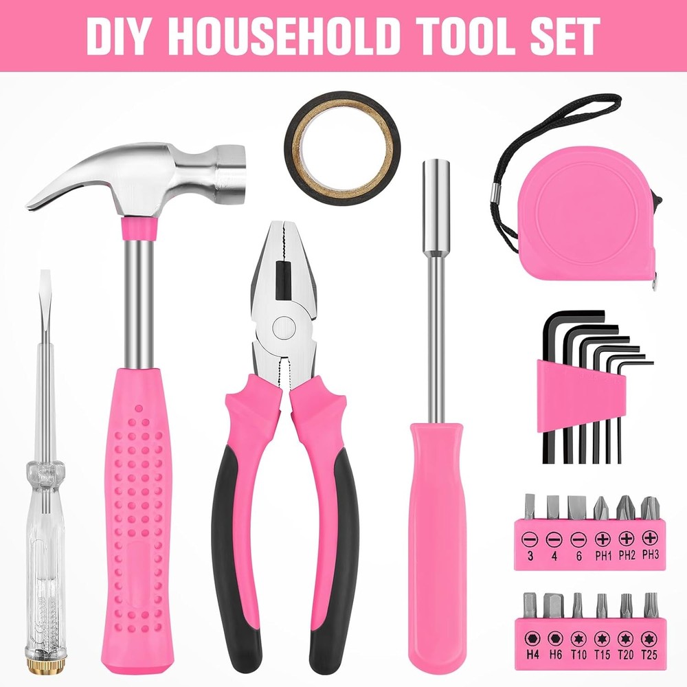 25PCS Pink Household DIY Tool Kit, Small Mini Tool Box Set of Starter Basic Tool