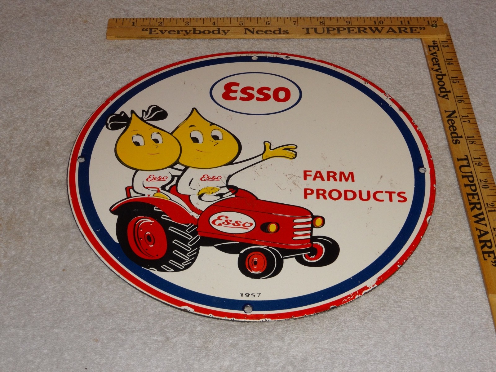 VINTAGE 1957 ESSO FARM OIL DROP BOY GIRL 11 3/4" PORCELAIN TRACTOR GASOLINE SIGN