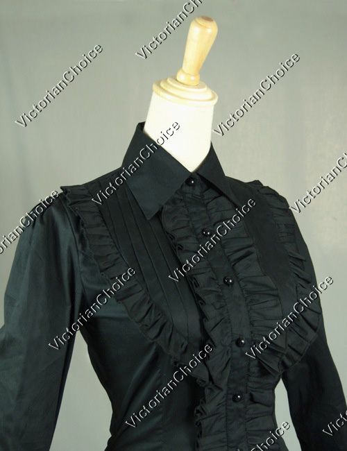 Victorian Gothic Women Romantic Vintage Ruffle Black Blouse Shirt Steampunk B007