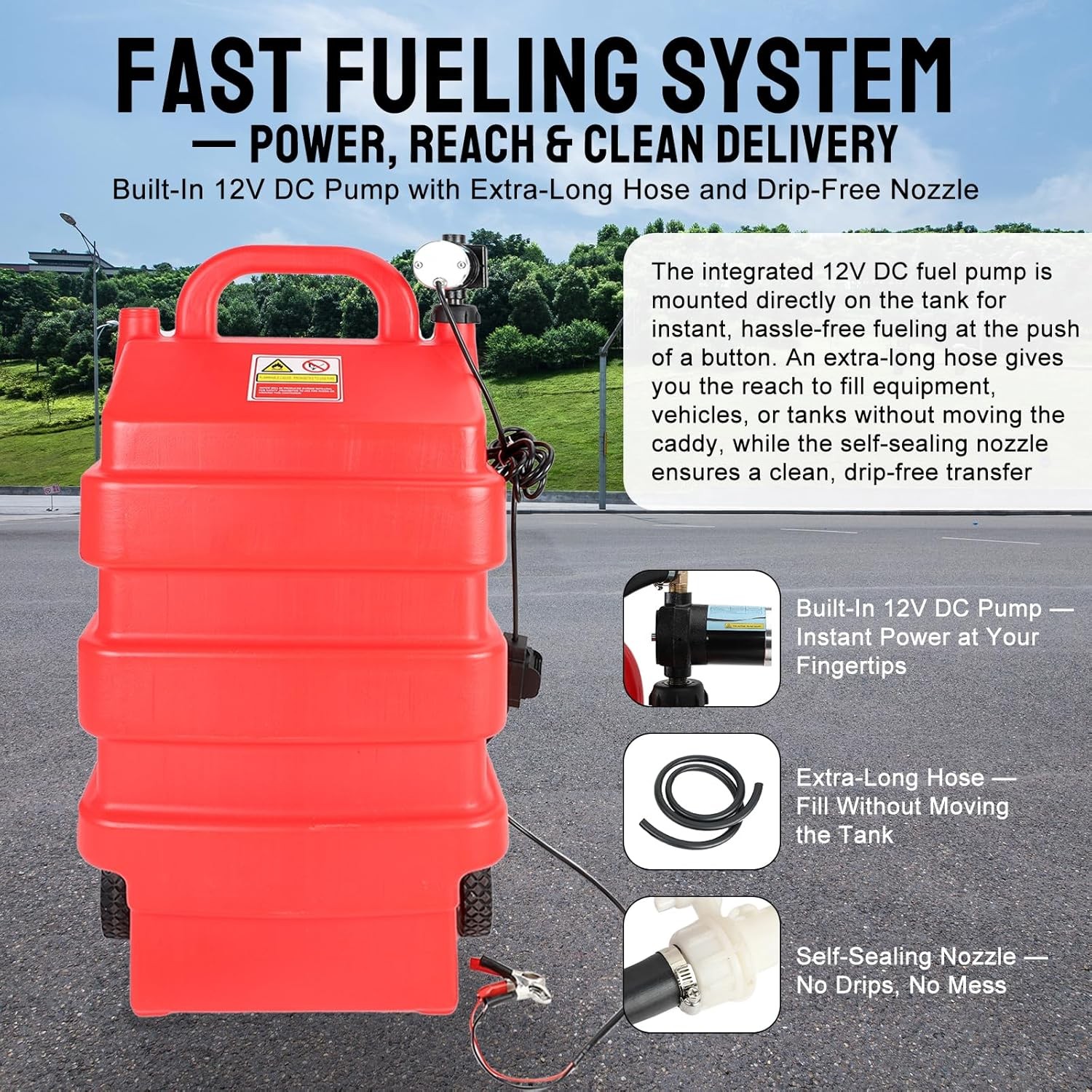 Portable 16 Gallon 60L Fuel Caddy Tank with 12V DC Electric Transfer Pump Red