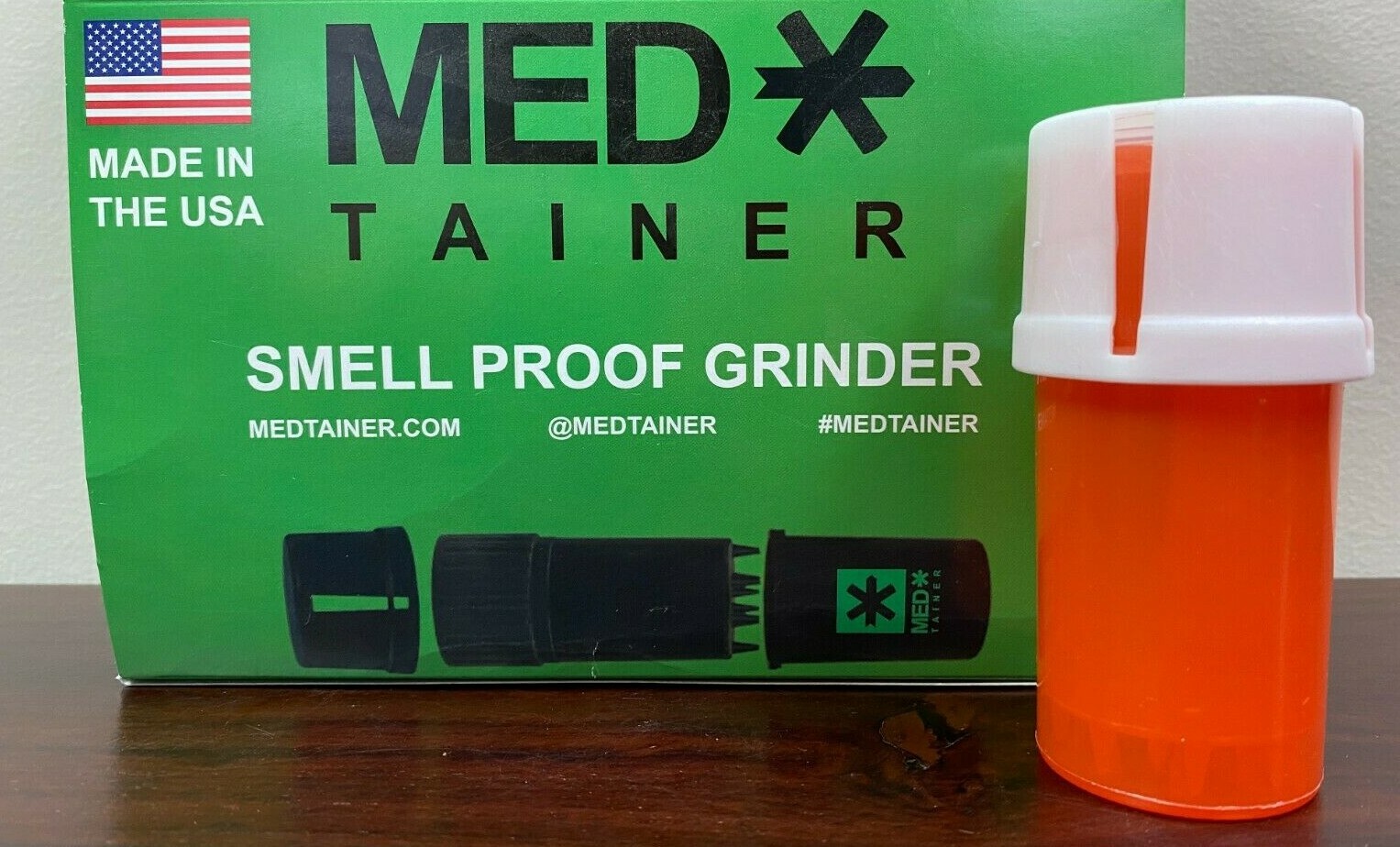 Medtainer Child Resistant Smell Proof Storage & Grinder Orange W/ White Cap