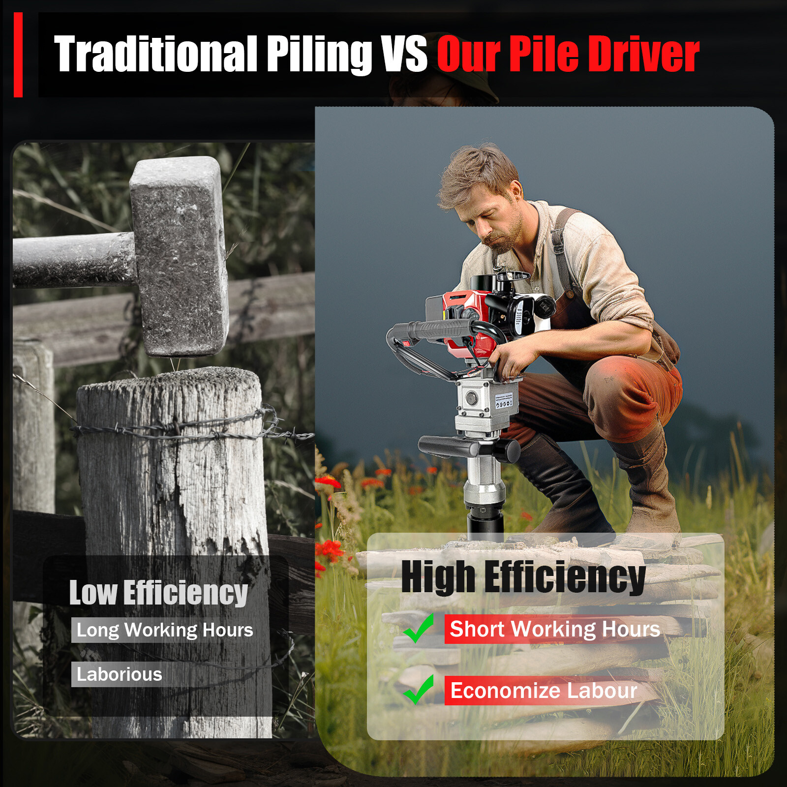 1.2HP/2.3HP 2 Stroke T Post Fence Farm Push Pile Gasoline Powered Pile Machine