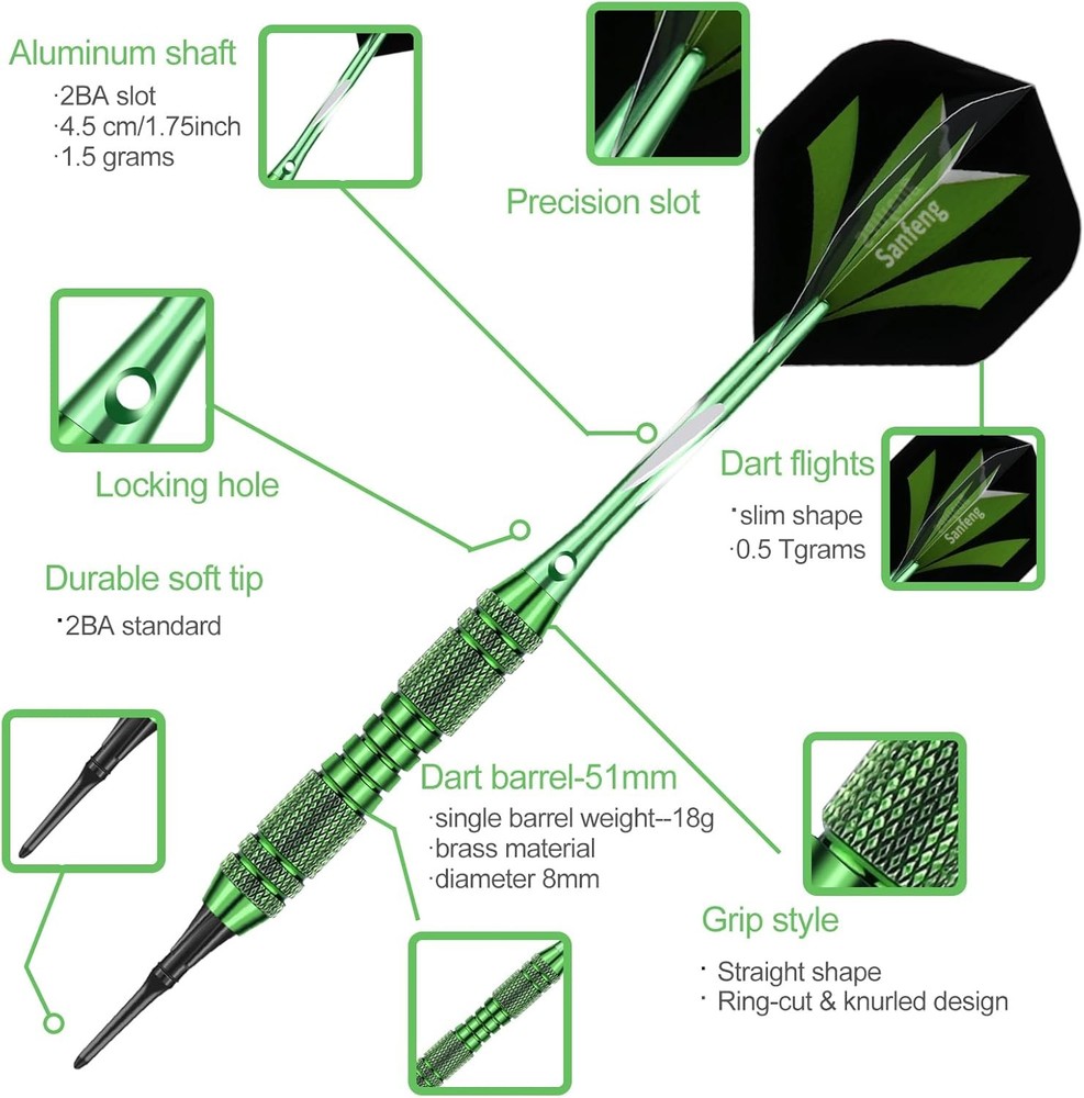 18/20 Gram Soft Tip Darts Set - Plastic Tip with Brass Barrel, Beginner Friendly