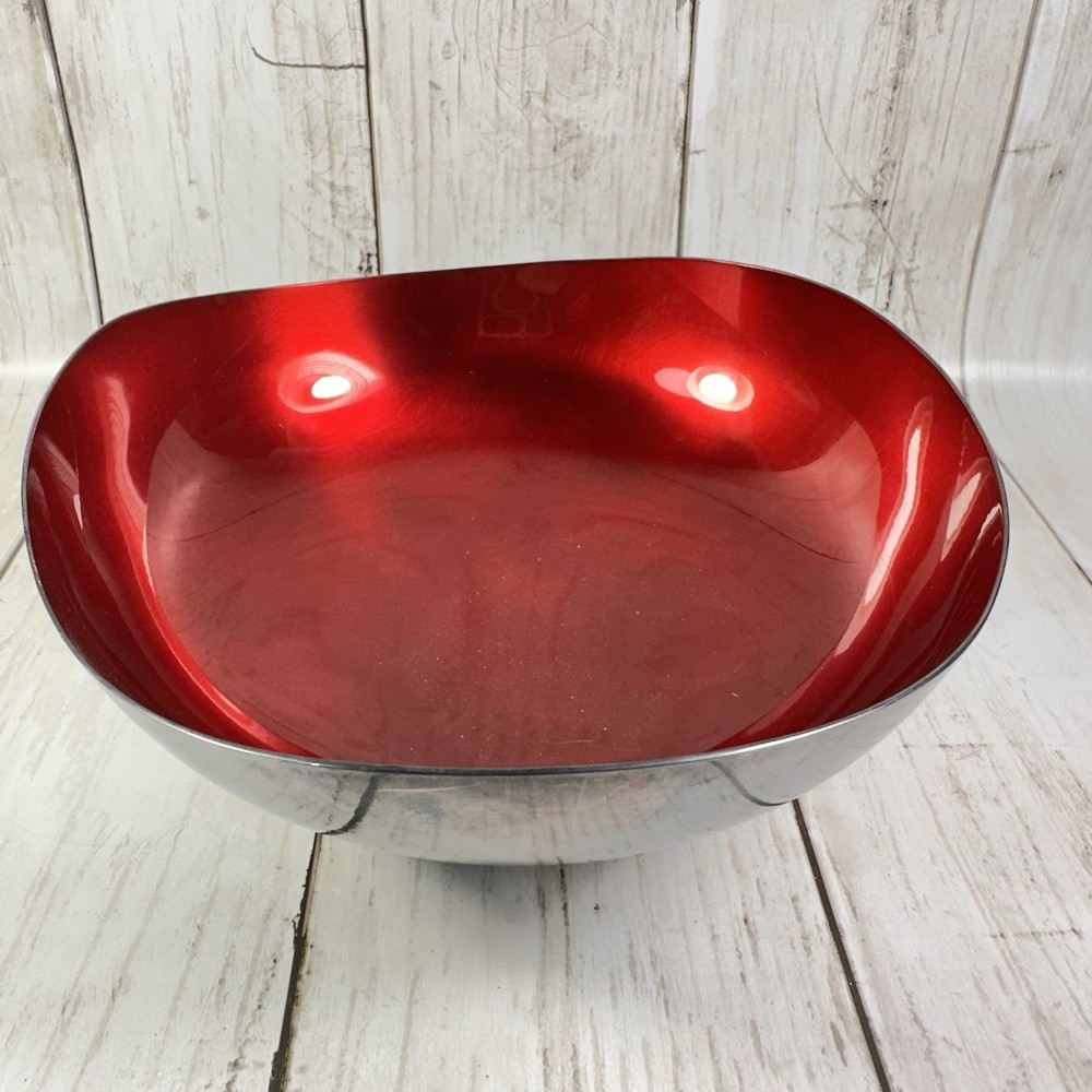 VTG Mid Century Modern DANISH Silverplate Bowl RED Enamel Interior Marked