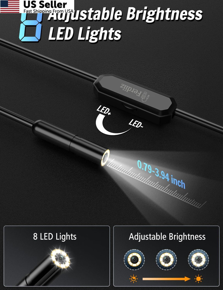 Endoscope Camera with Light, 1920P HD Borescope 8 Adjustable LED black