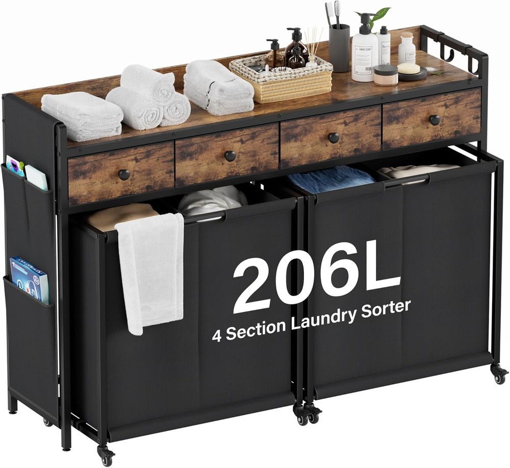 Laundry Hamper Sorter 2 Section 103L Rolling Laundry Basket Organizer W/ Wheels