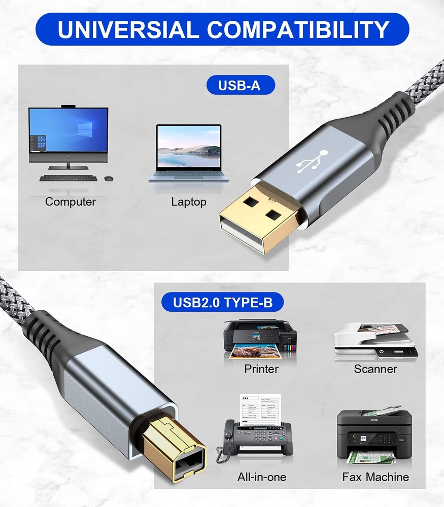 Printer Cable 10ft, USB 2.0 USB-A to USB-B Midi High Speed grey