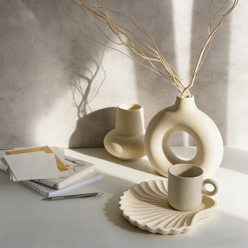 Wooden Decorative Tray, Shell Shape Serving Tray for Coffee Table, Beige