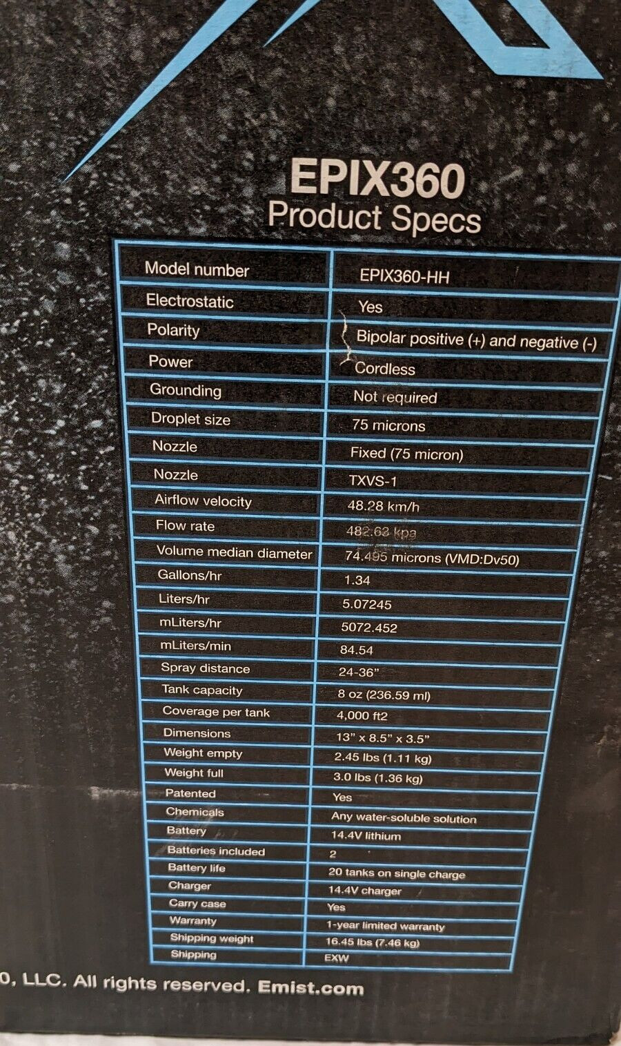 EMist Electrostatic Disinfectant Sprayer w/Case Batteries & Charger EPIX360