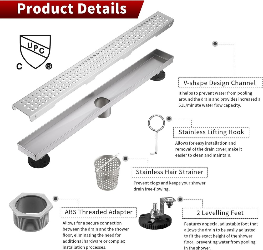 Sharp-tec 32 inch Linear Shower Drain, Brushed Rectangular Floor Drain, V-Shape
