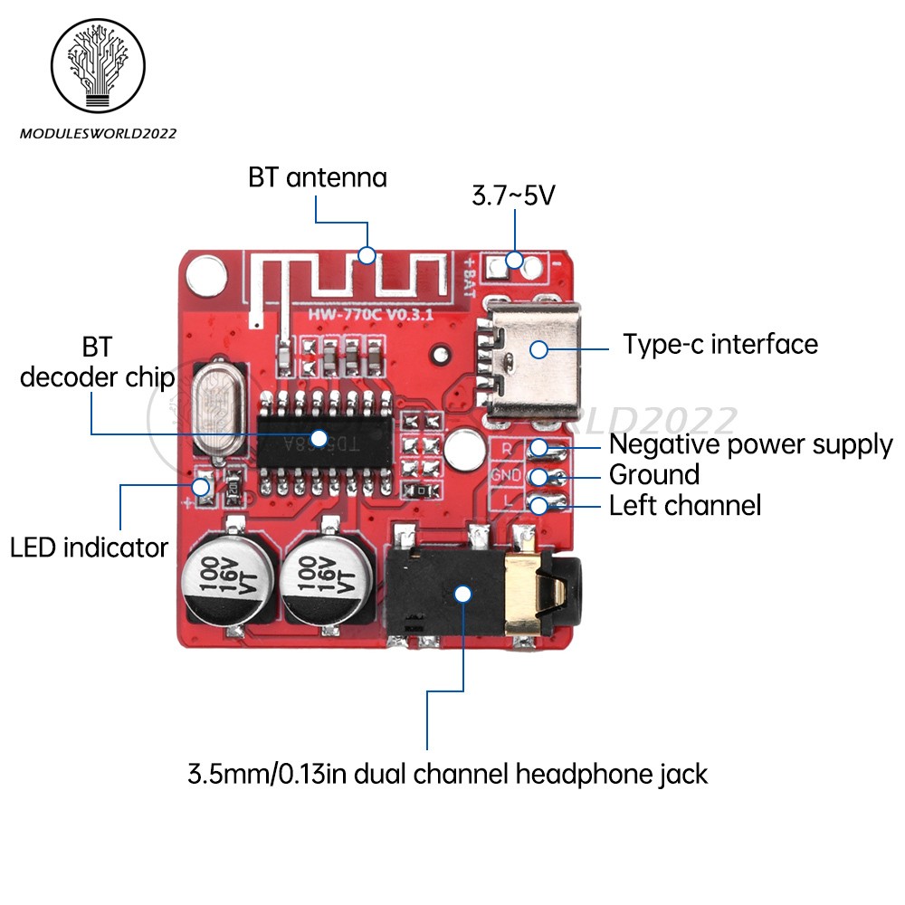 5pcs 3.7-5V Type-c Mini Bluetooth Audio Decoder Board MP3 Audio Receiver Module
