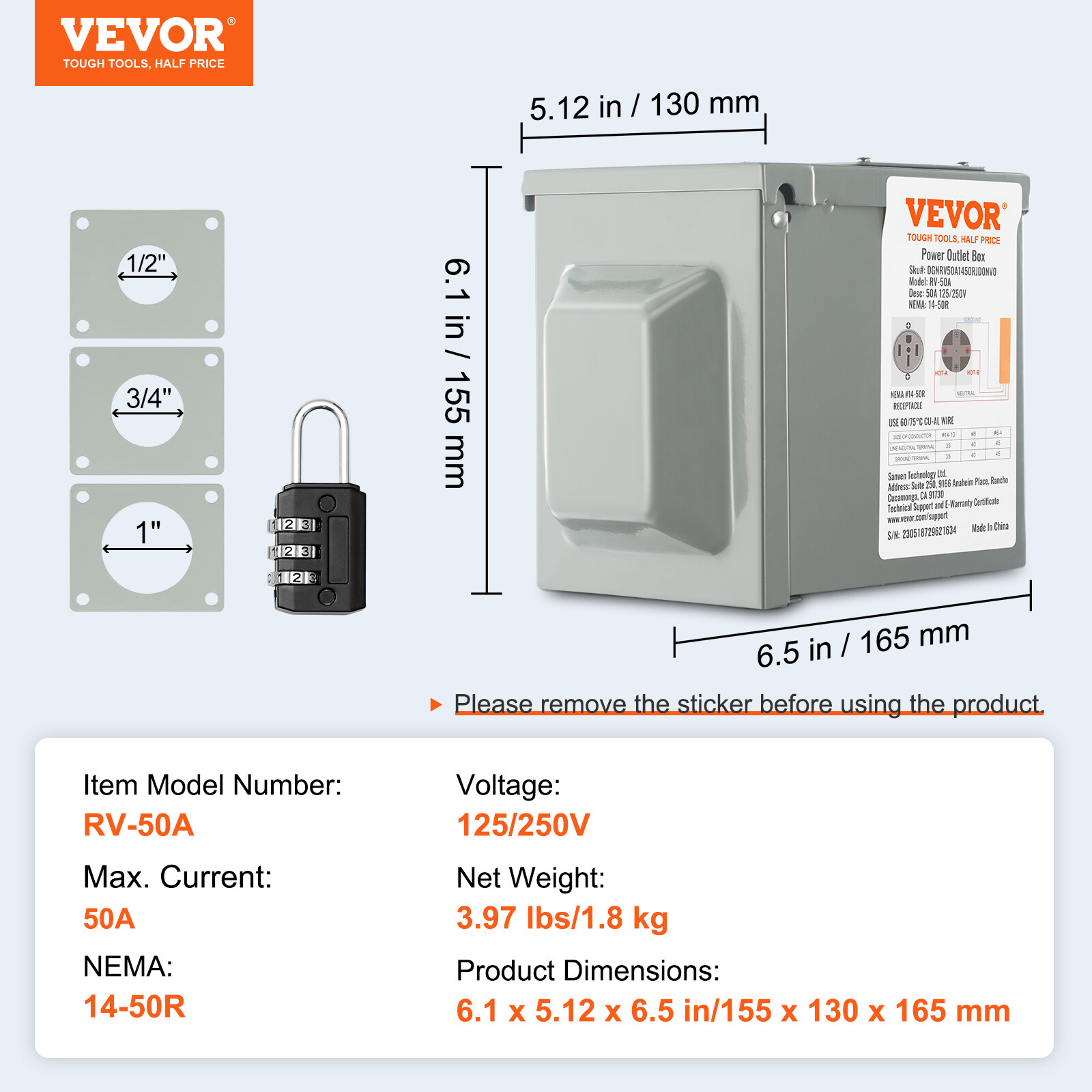 VEVOR 50A RV Power Outlet Box 125/250V Electrical Outdoor Receptacle NEMA 14-50R