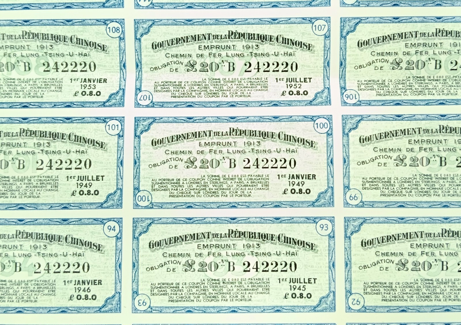 Uncut China 1913 Lung-Tsing-U-Hai Railway Bond Super Petchili Gold Loan PASS-CO