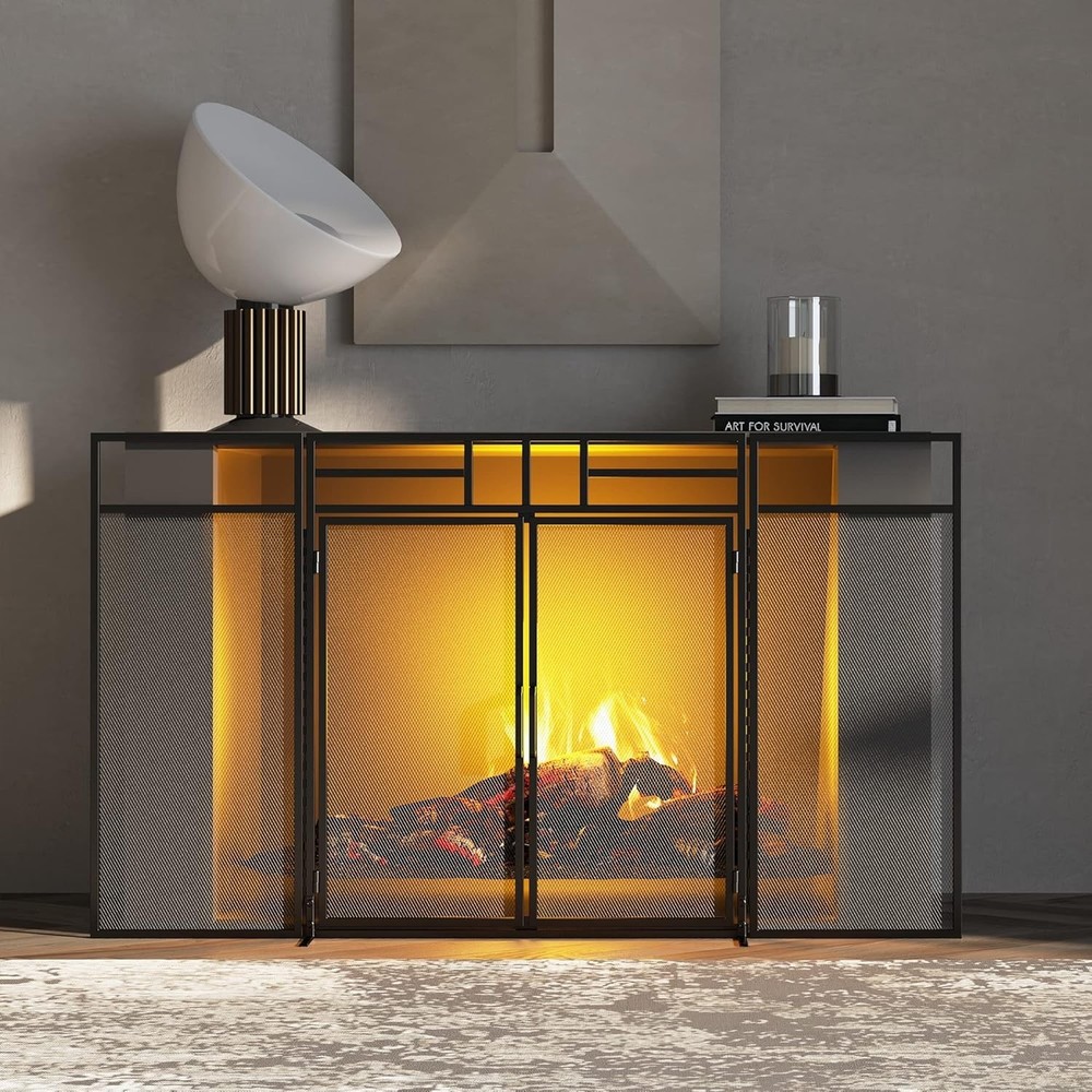 3-Panel Folding Fireplace Screen with Magnetic Hinged Doors Solid Wrought Iron