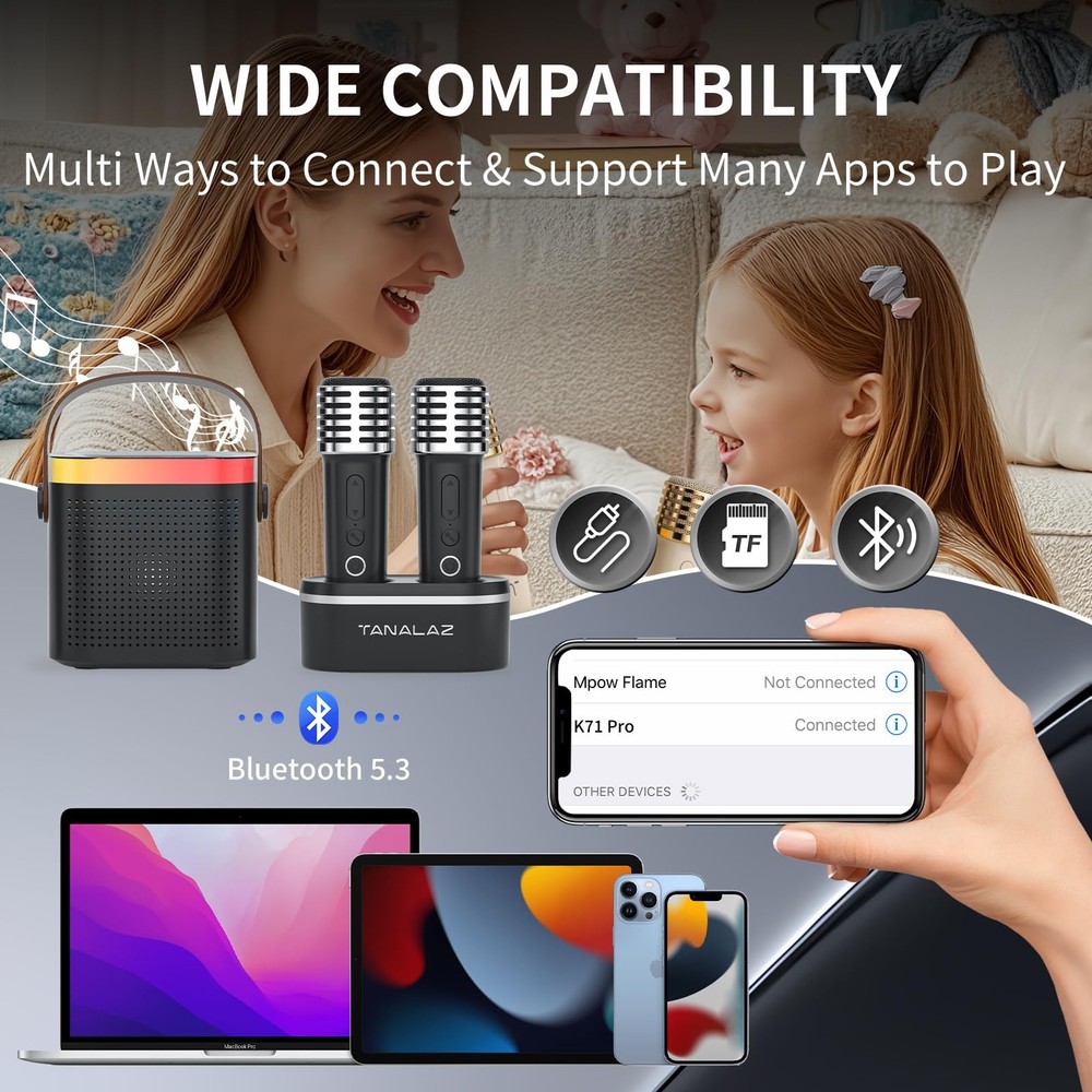 Karaoke Machine with 2 Wireless Microphones and Base, Mini Bluetooth Singing ...