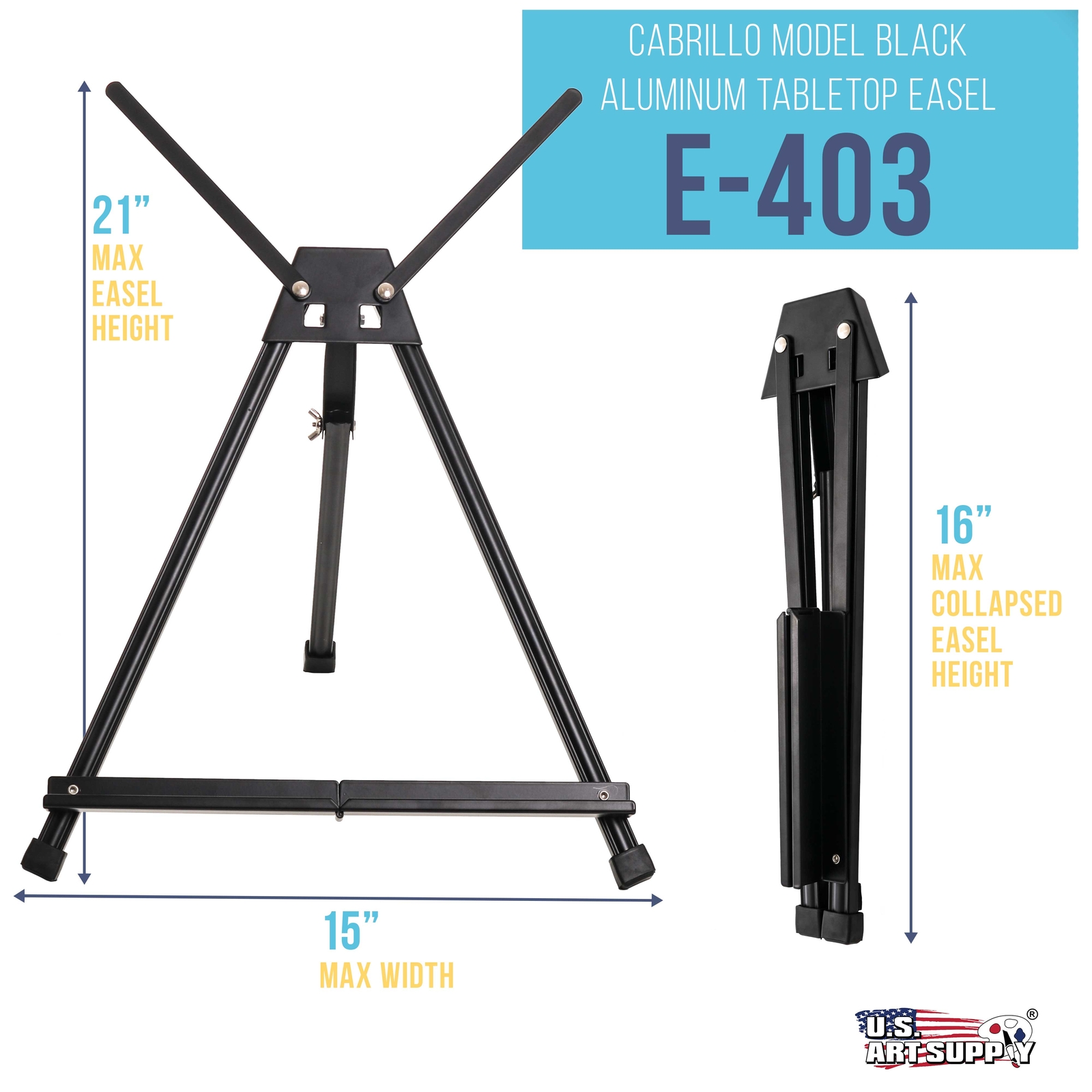 15" to 21" Black Aluminum Tabletop Display Easel with Arms, Artist Tripod Stand
