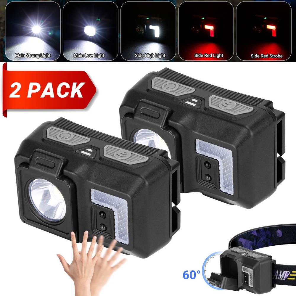 2x Motion Sensor LED Headlamp Rechargeable Super Bright Headlight/ COB Red Light