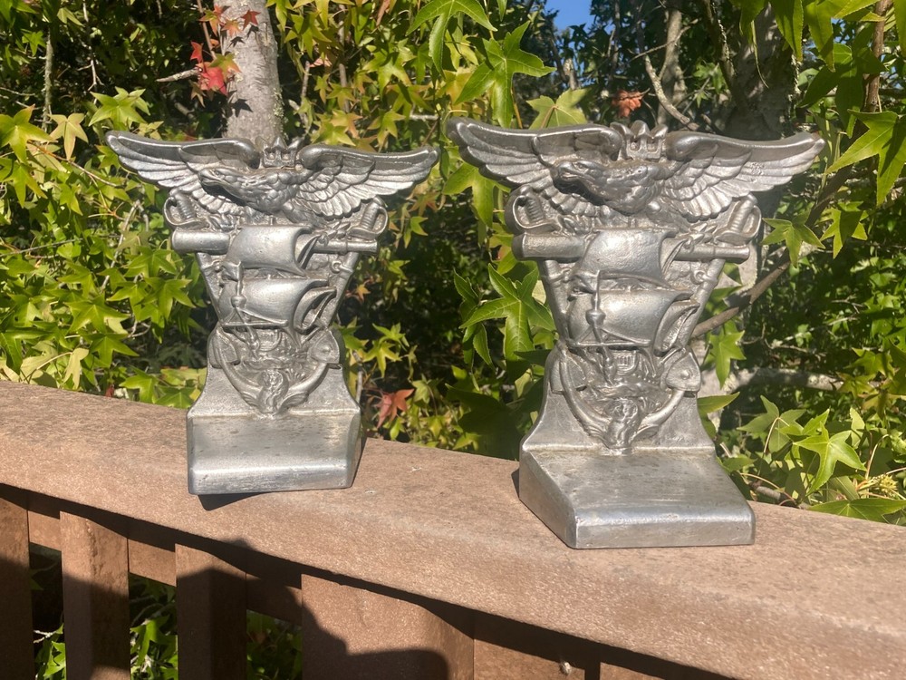 WW2 Era USNA US Naval Academy Annapolis Aluminum Souvenir Bookends