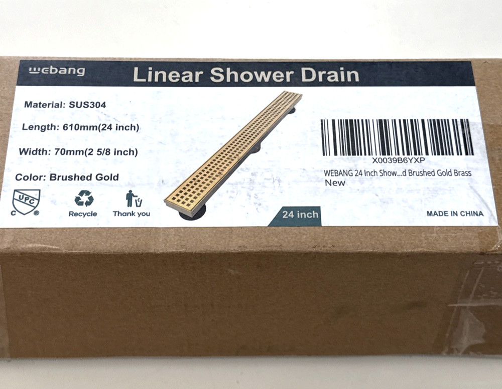 24" Linear Shower Drain, Gold Rectangular Floor Drain with accessories