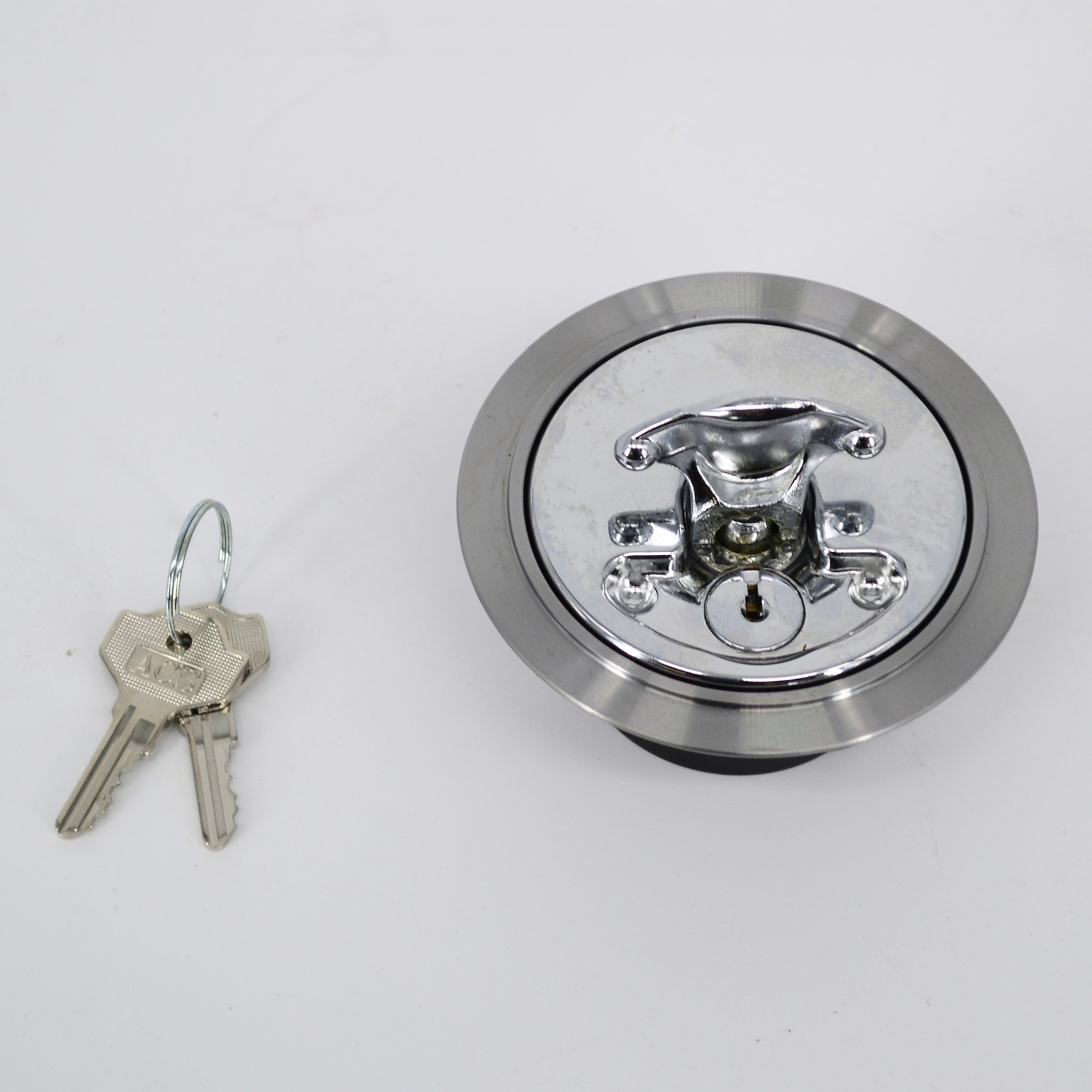 Pair Chrome Gas Caps Aircraft-Style Weld-In Locking Vented & Non-vented Set