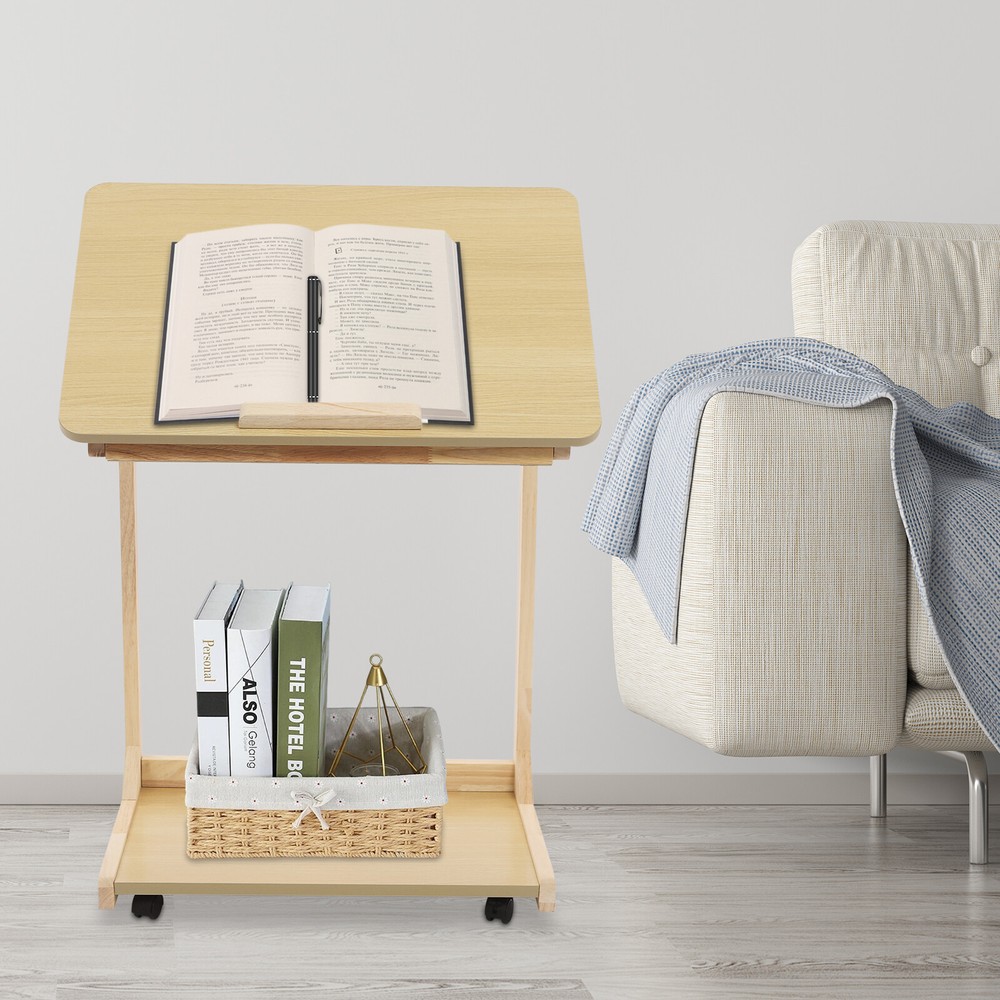 2 Tier C Shaped Table With 4 Wheels Couch Table End Table For Drink & Snack US