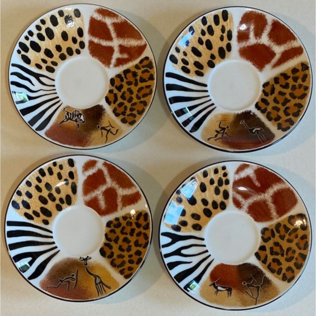 4 Hand Painted African Ceramic Teacups & Saucers Leopard, Giraffe, Zebra Rustic