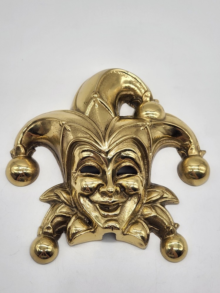 Vintage Heavy Solid Brass Jester Door Knocker Gold-tone missing knocker 6"