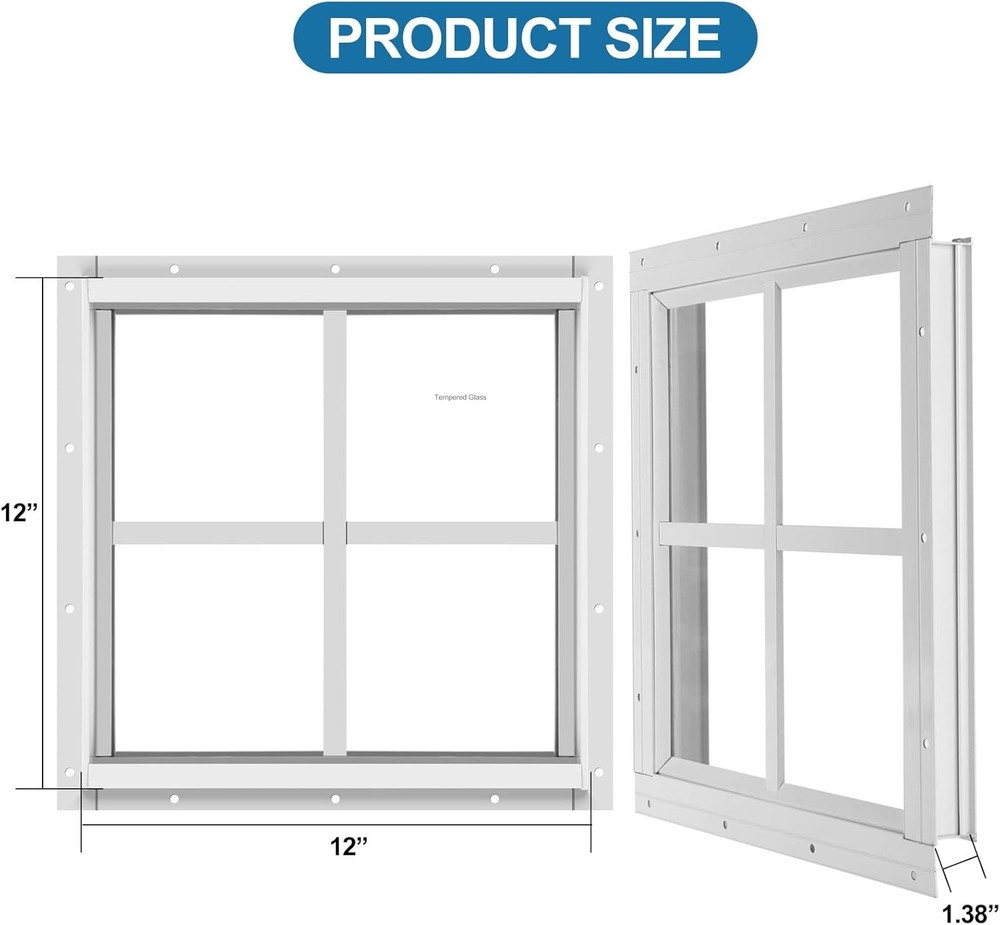 2 Pack Shed Window 12" W x 12" H, White Flush Mount Window
