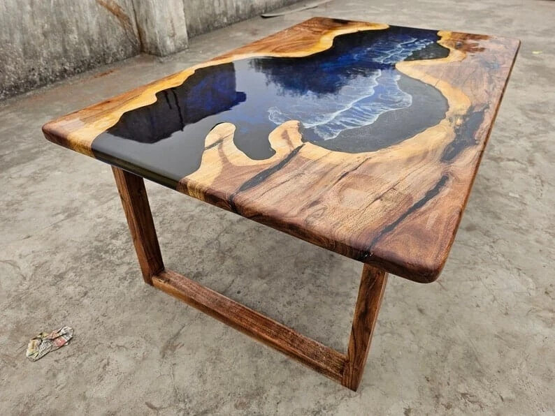Handmade Ocean Waves Epoxy Dining Table Top for Home, Coffee Table, Center Table