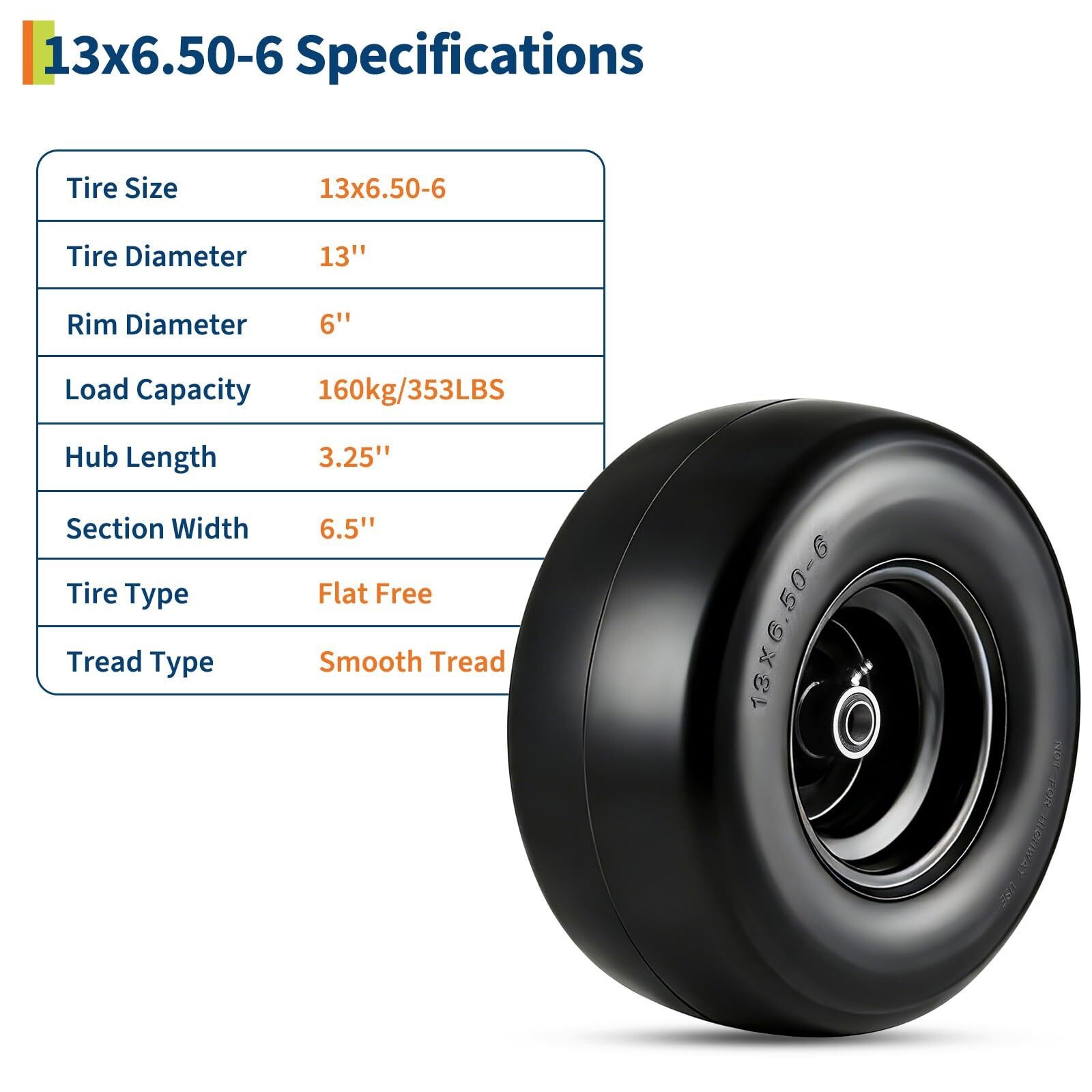 2 pack 13x6.50-6 Flat Free Tire Wheel Set w/ Bearing For Zero-Turn Lawn Mower