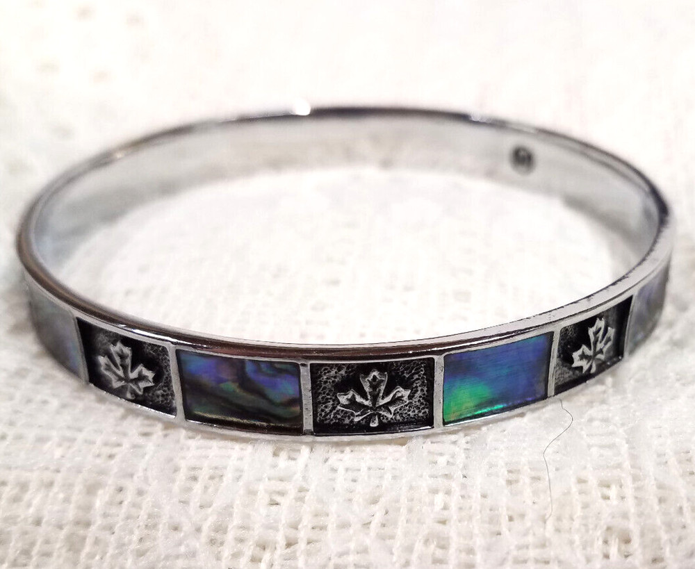 Vintage Signed M Bangle Abalone Shell Inlay Silver Tone Maple Canada Leaf 2-1/2"