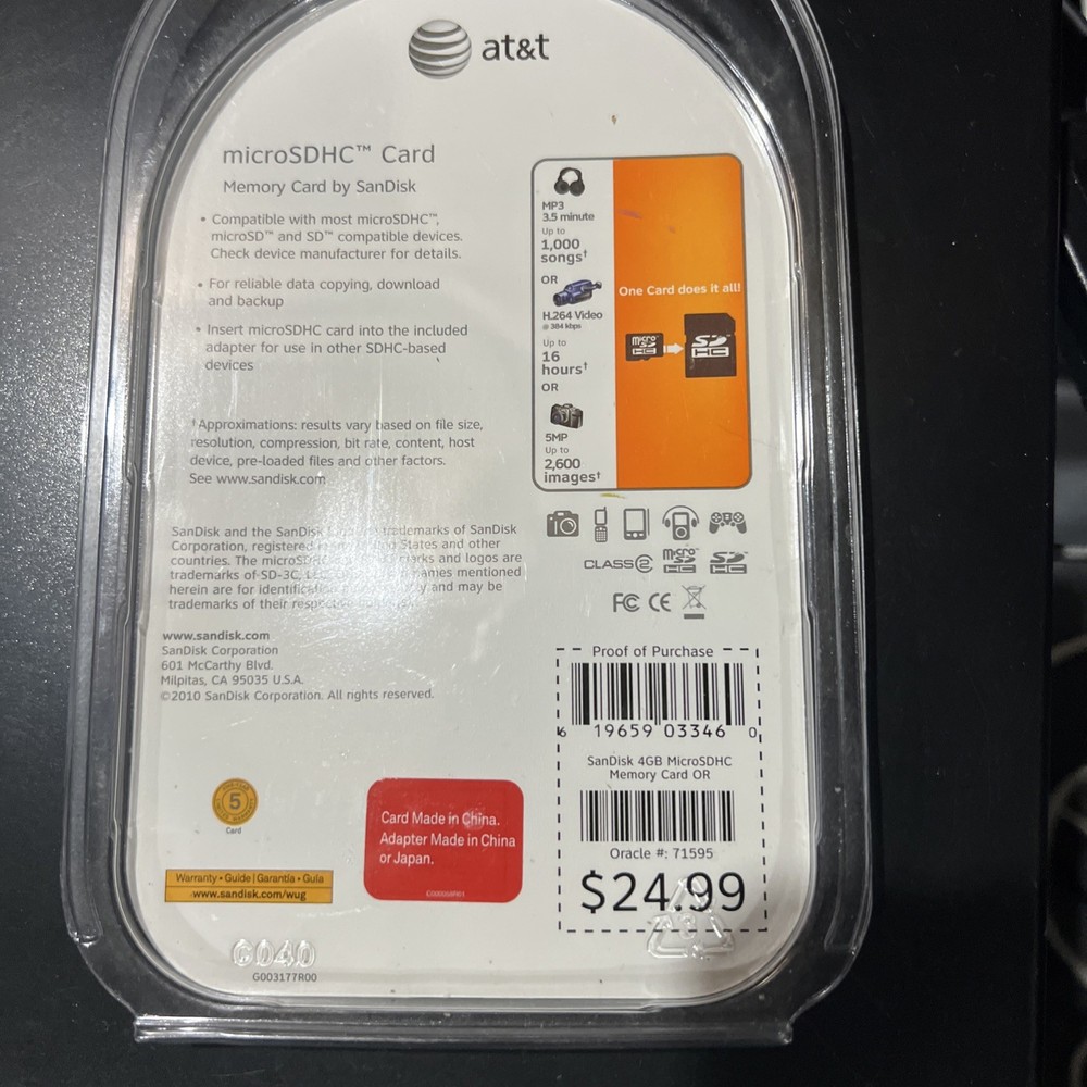 SanDisk 4GB Micro & SDHC Memory Card AT&T - New