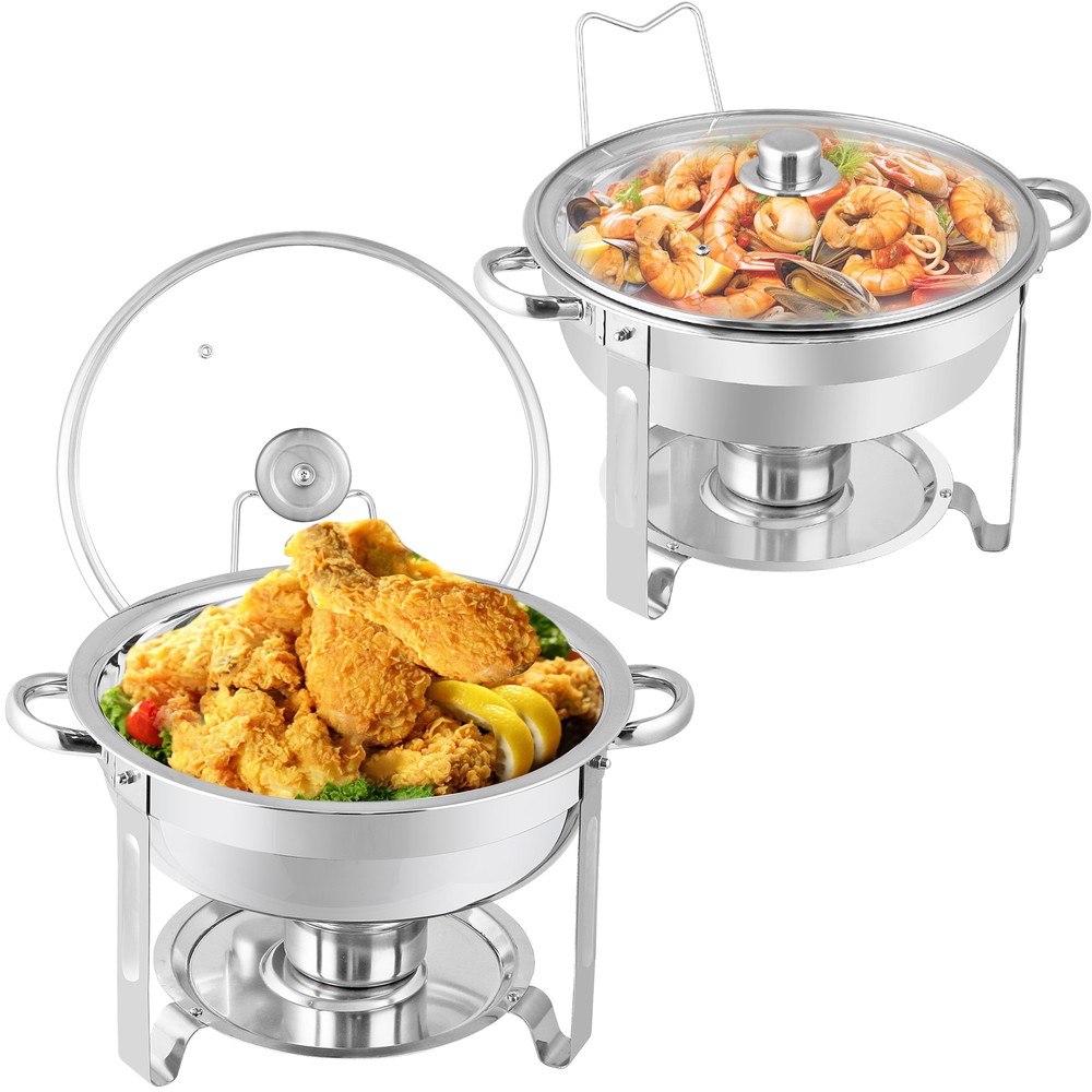 5 Quart 6Pack Full Size Chafing Dish Buffet Set Round Catering Warmer Set Silver