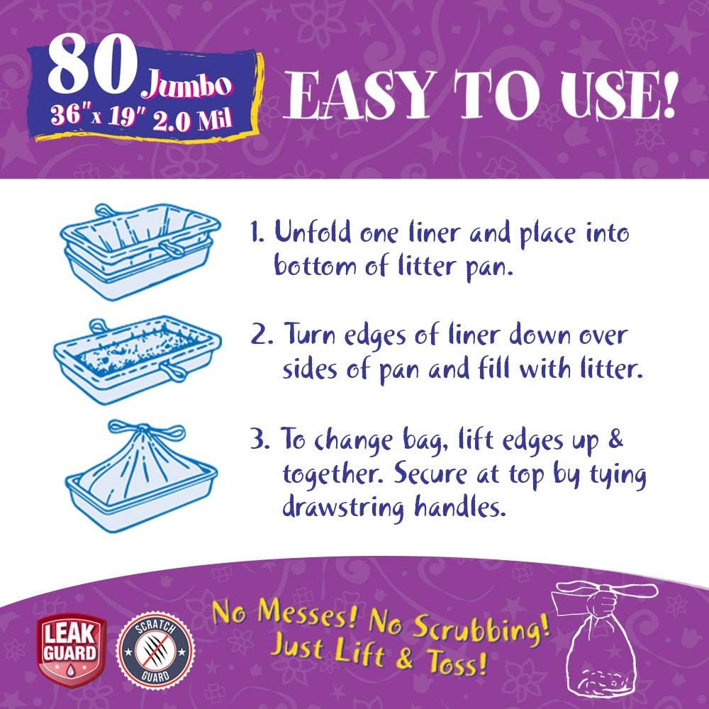 80 Count Litter Box Liners Super Thick, Durable, Easy Clean up Jumbo Drawstring