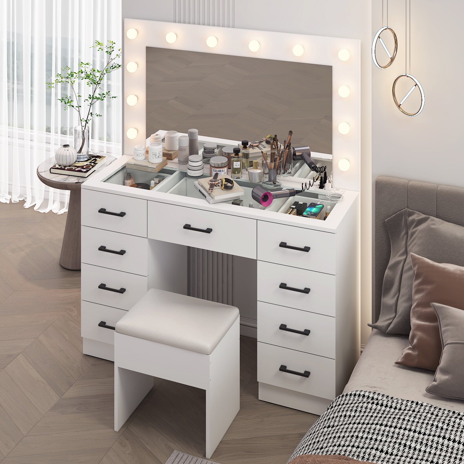Vanity Set Desk 9 Drawers Large Mirror with Power Outlet LED Lights Makeup Table