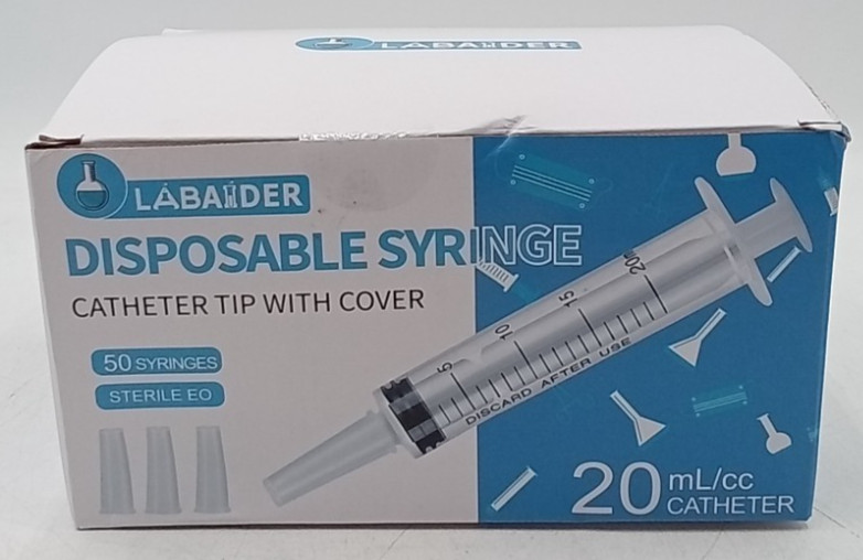 Labaider Disposable Syringe Sterile EO with Catheter Tip/Cover 50 Pack 20ml