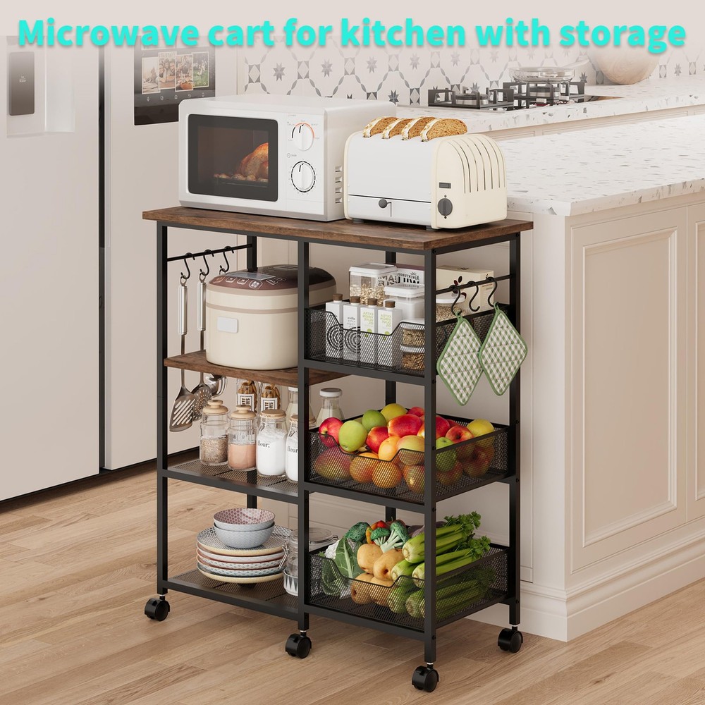Rolling Kitchen Carts with Storage - Microwave Table Stand with 6 Hooks & 3 B...