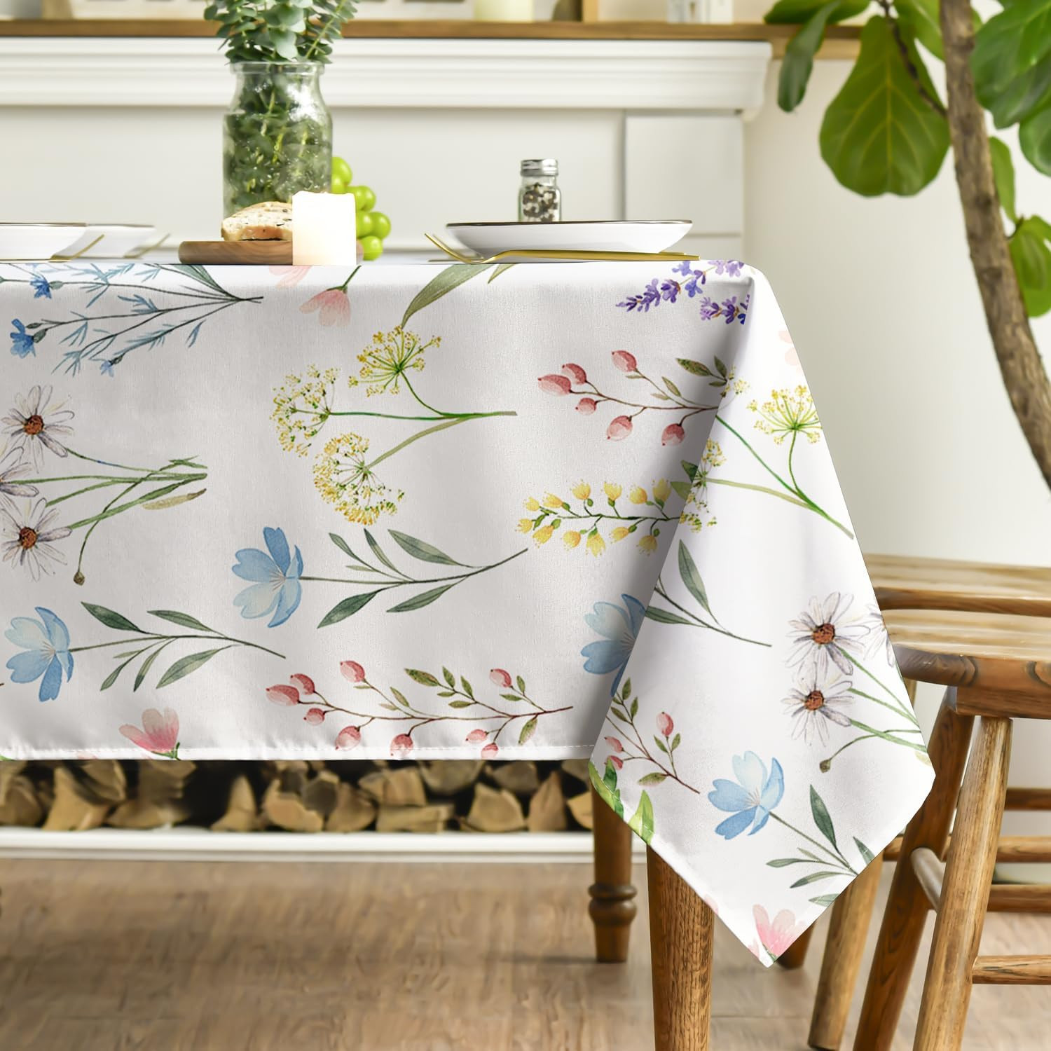 Spring Tablecloth 60×84 Inch Rectangular, Wildflowers Floral Herbs Elegant Washa