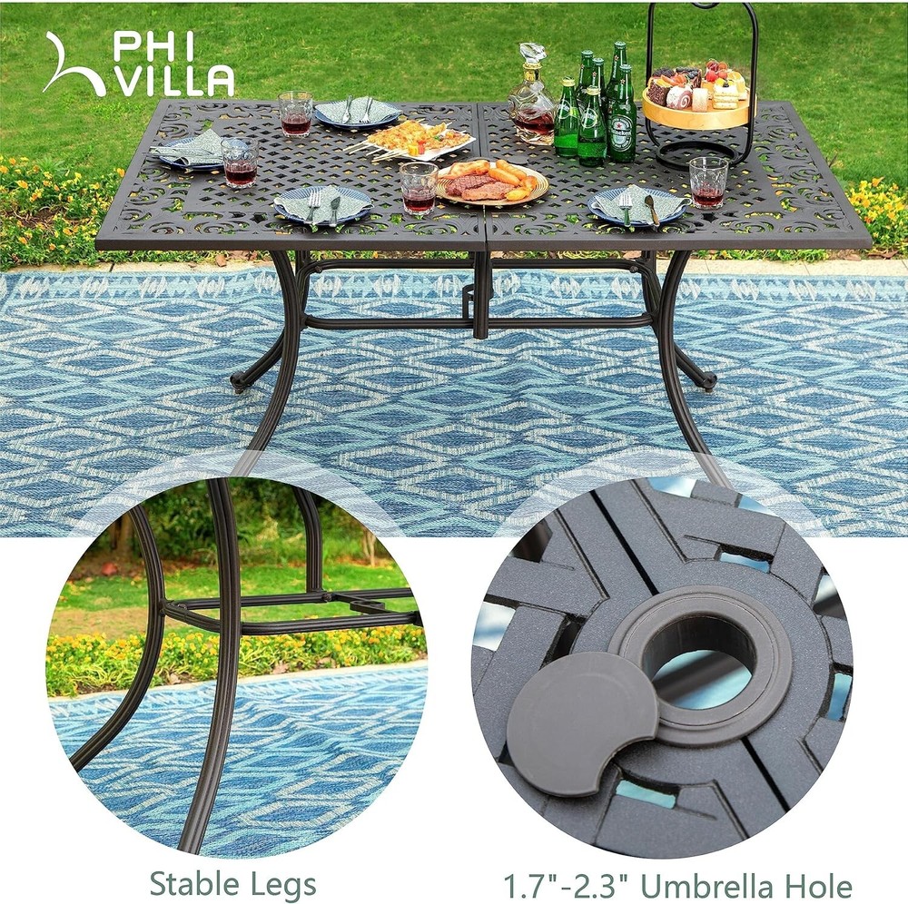 Patio Dining Table Cast Aluminum Outdoor Rectangular Table W/ Umbrella Hole