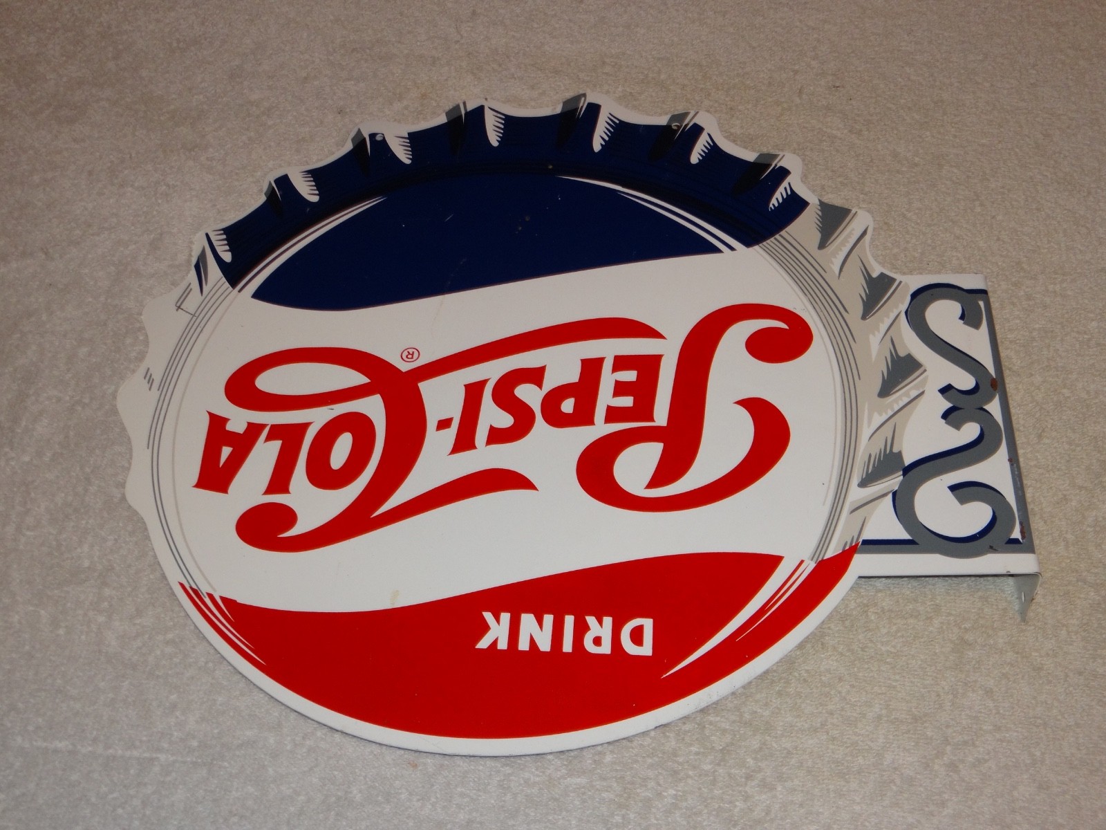 VINTAGE DRINK PEPSI COLA DIECUT 14" METAL SODA POP GASOLINE OIL FLANGE SIGN M173