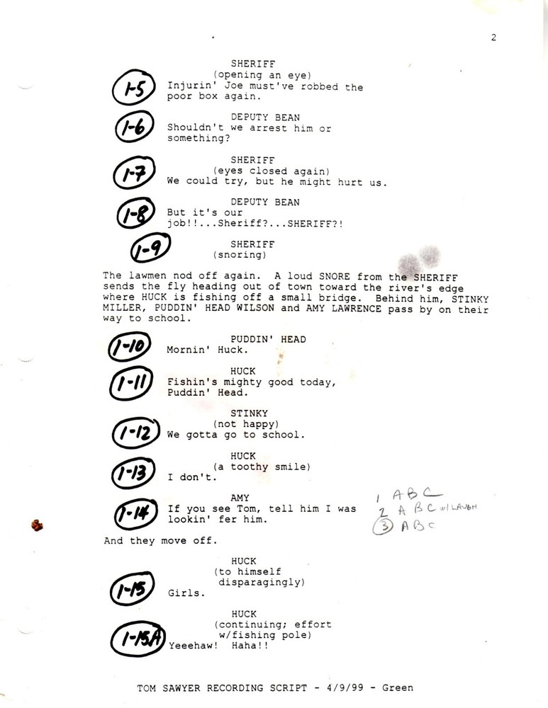 MGM Animation: "Tom Sawyer" Original Recording Script 4/12/1999