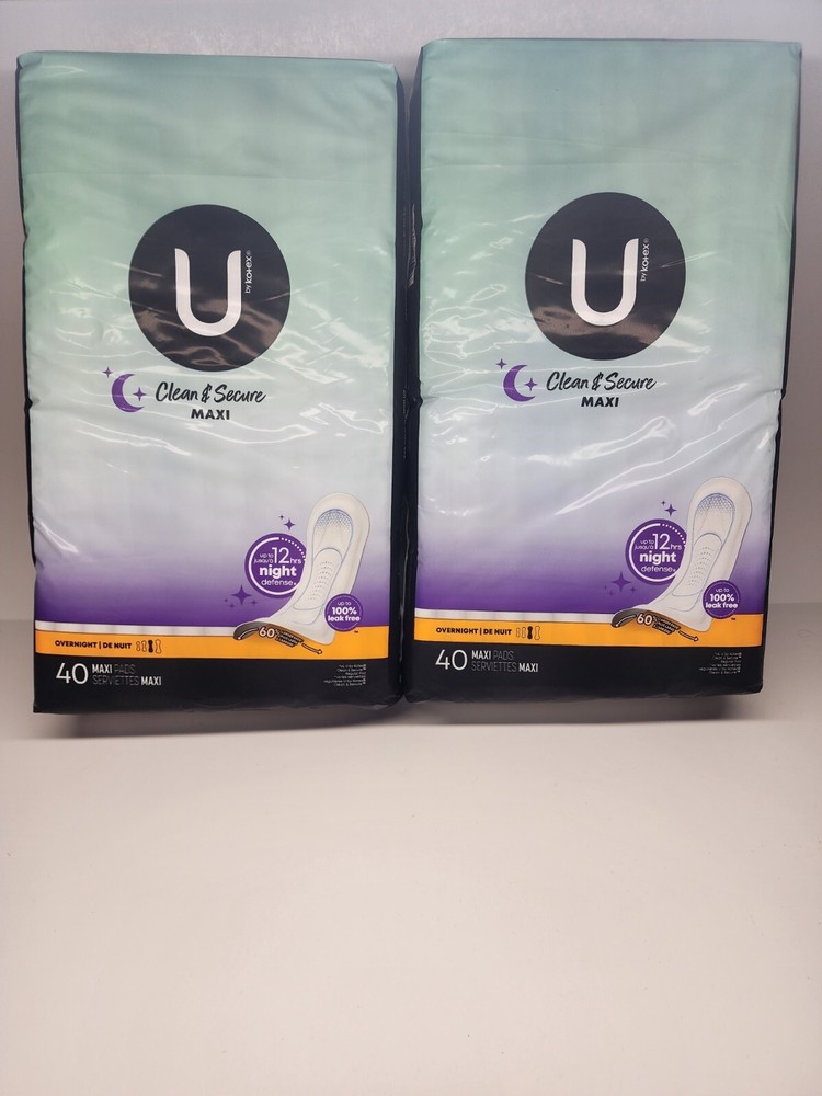 U by Kotex Clean & Secure Overnight Maxi Pads, 40 Count 2 Pack