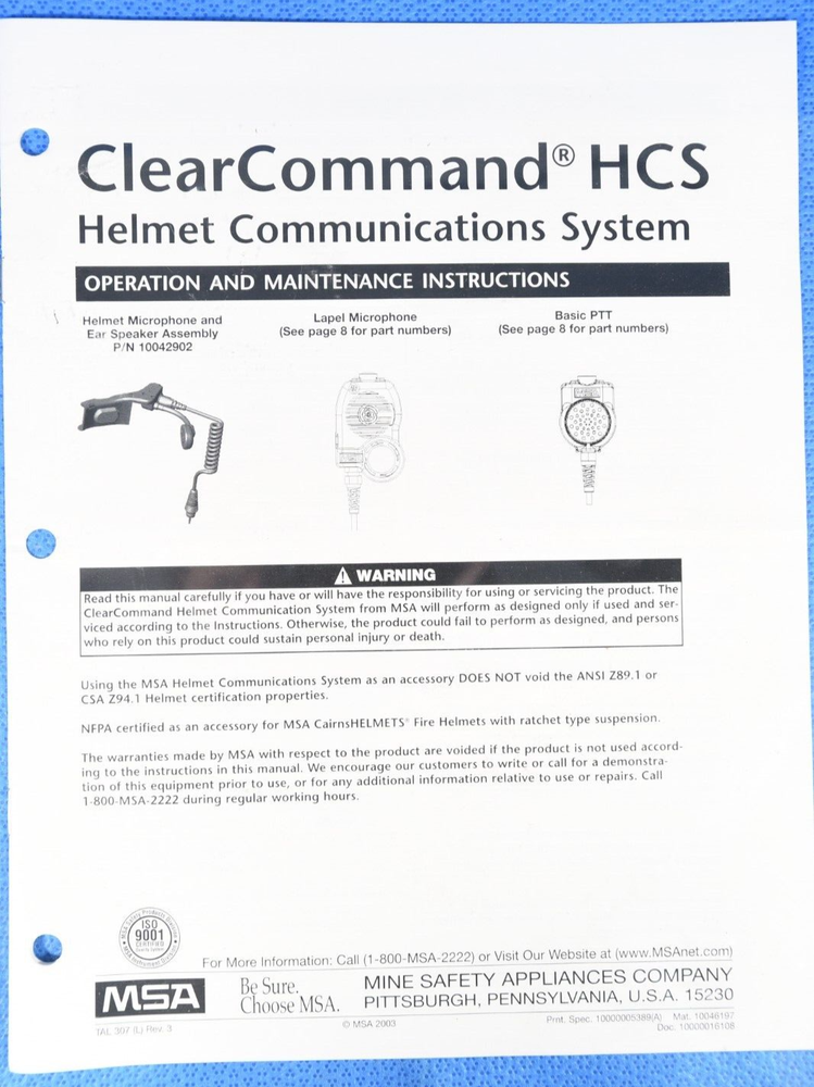 MSA Clear Command HCS Helmet Comunication System Microphone 10045662
