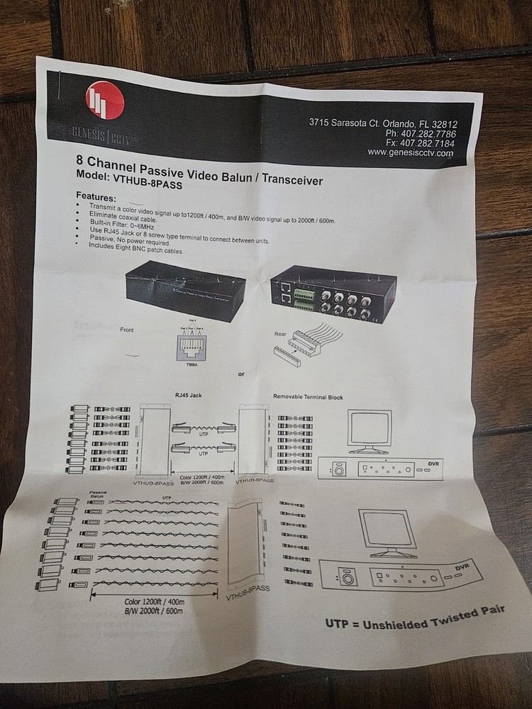 VTHUB-8PASS 8 Channel Passive Video Balun Transceiver CCTV Camera