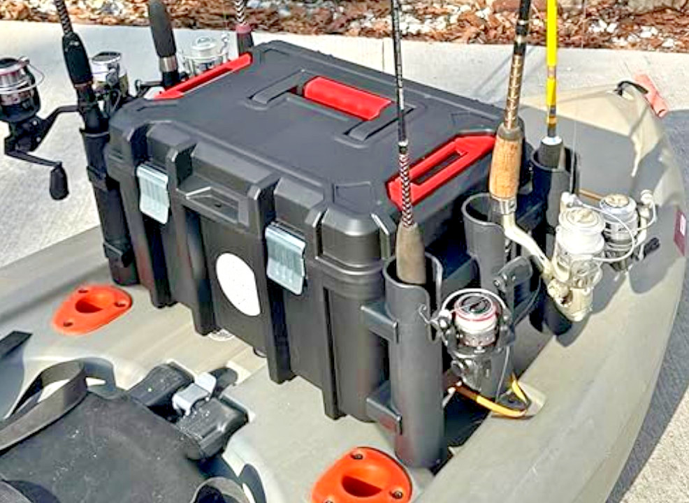 Kayak Fishing Crate -6 Integrated Rod Pole Holders, Tackle Box Storage, Lockable