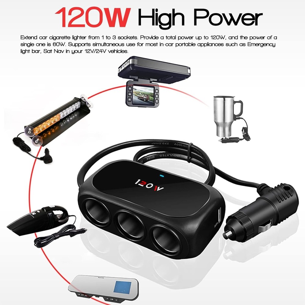 3-Socket Car Cigarette Lighter Splitter Adapter, 2 USB Splitter Extender [120W]