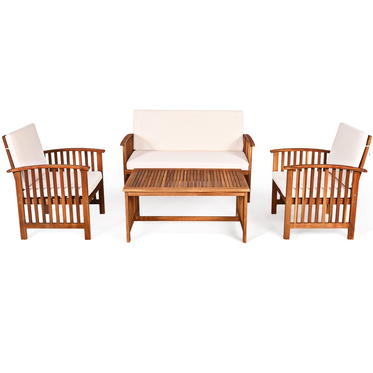 8PCS Patio Solid Wood Furniture Set Conversation Coffee Table W/White Cushion