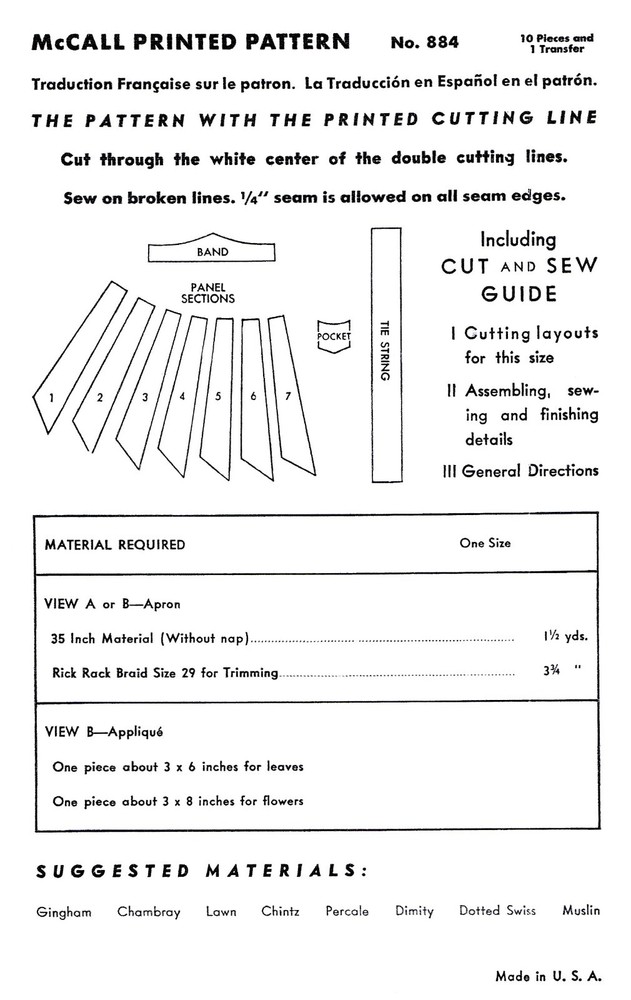 McCall 884 Necktie APRON Pattern 1940's 1 Size